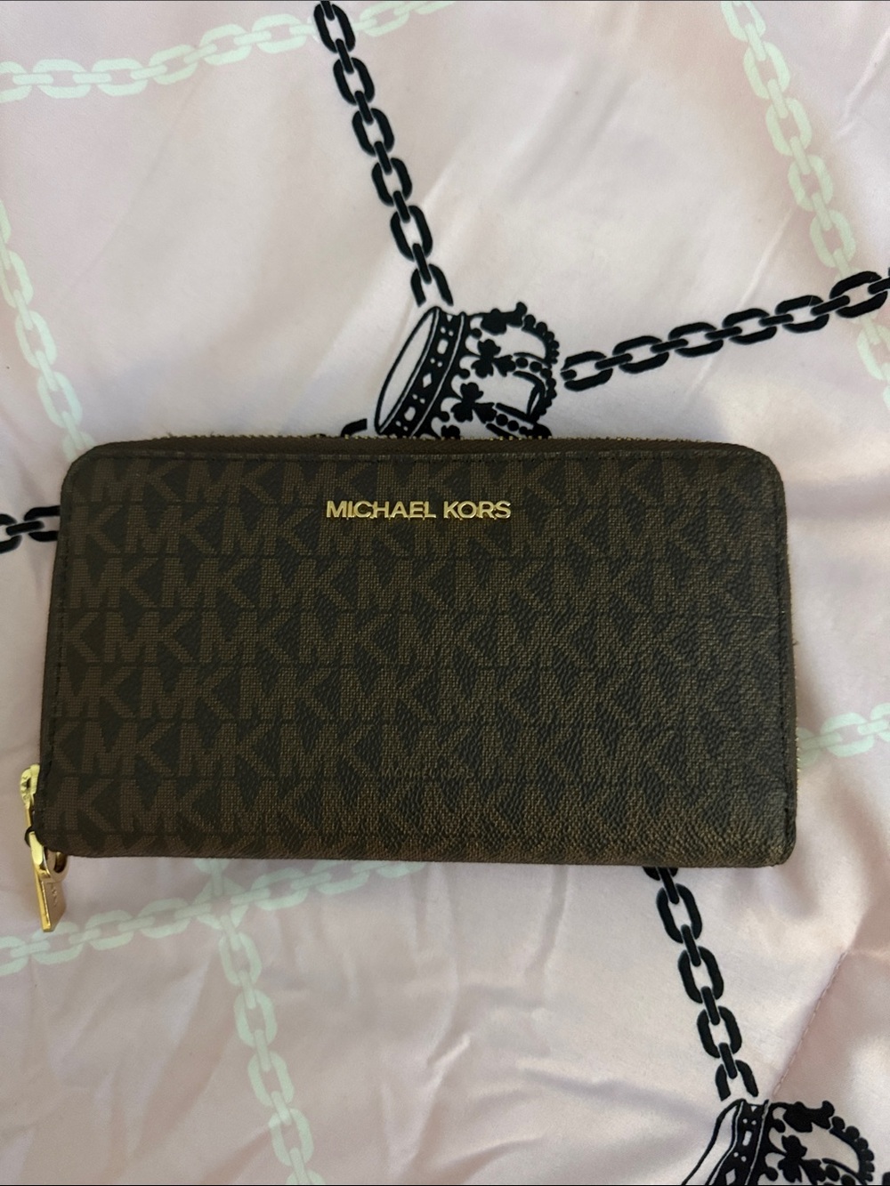 Michael Kors Brown Monogram Zip-Around Card Holder with Gold Logo
